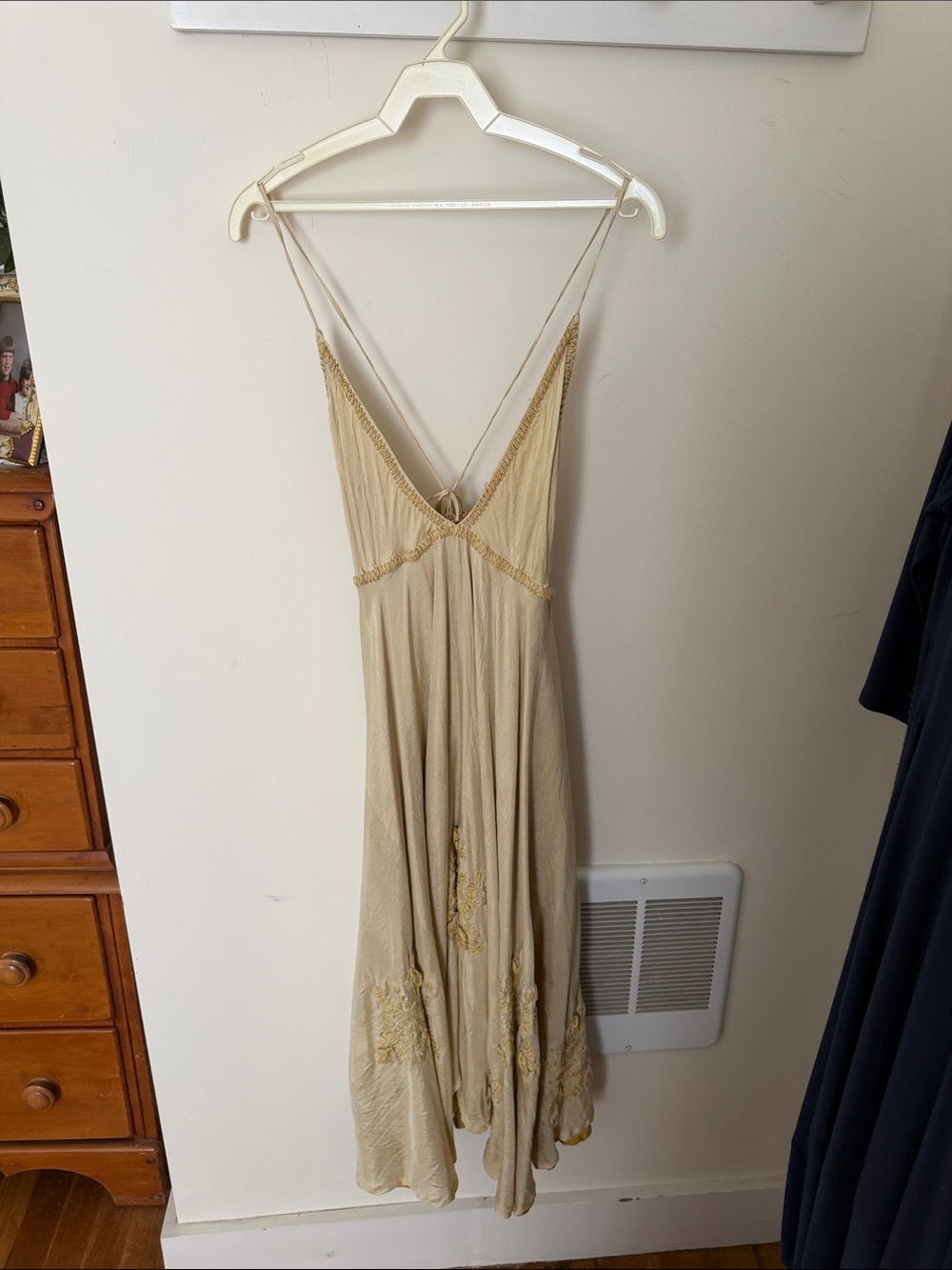 Chan Luu Cream Asymmetrical Slip Dress with Gold Embroidery